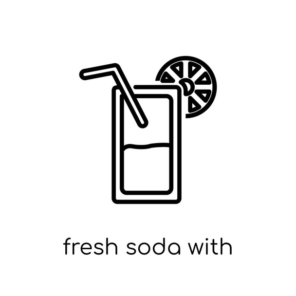 fresh soda with lemon slice and straw icon. Trendy modern flat linear vector fresh soda with lemon slice and straw icon on white background from thin line Drinks collection, outline vector illustration - Vector, afbeelding