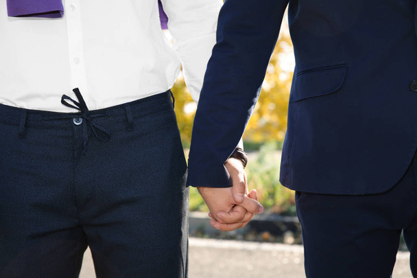 Пара геев, держащихся за руки на улице, вид вблизи
 - Фото, изображение