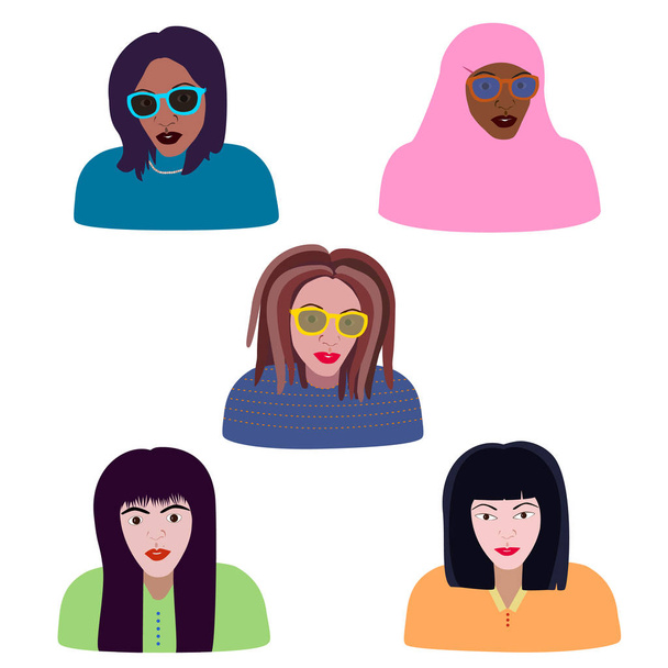 women of different origins and religions, portraits of Muslim, Caucasian, black, Asian girls. avatars and fashion portraits - Vector, Image