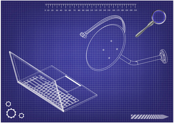 3D-Modell von Satellitenschüssel und Laptop auf blauem Hintergrund  - Vektor, Bild