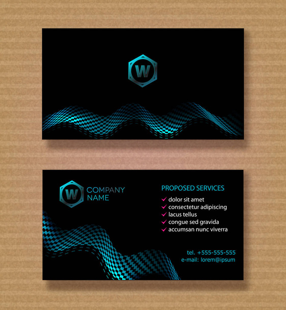Vector set. Business card template for a company with a blue wave on a black background - Διάνυσμα, εικόνα