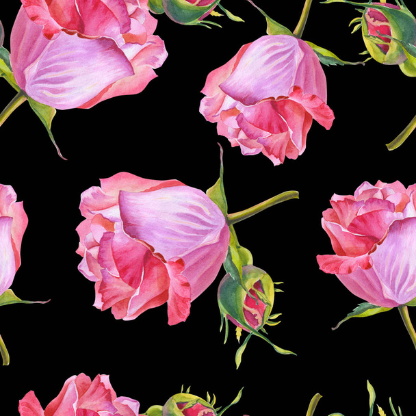 Pink roses.Watercolor flowers on a black background. - Photo, Image