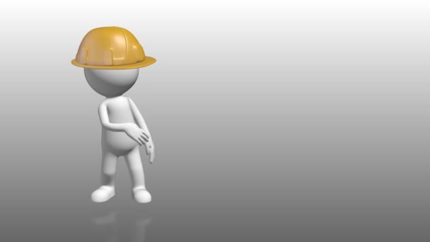 3D menselijk karakter met constructor hoed verwijst naar lege tijdelijke aanduiding - Video