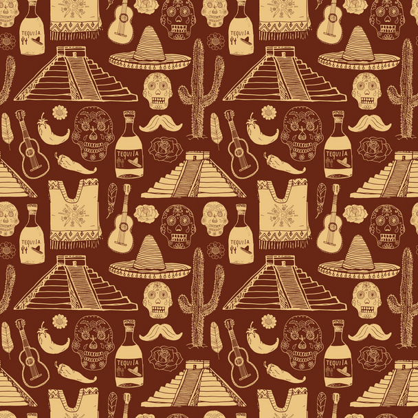 Meksyk wzór doodle elementów, ręka szkic ciągnione meksykańskie sombrero tradycyjny kapelusz, Ponczo, Kaktus i tequila butelka, Mapa Meksyku, czaszki, instrumenty muzyczne. tło wektor ilustracja - Wektor, obraz