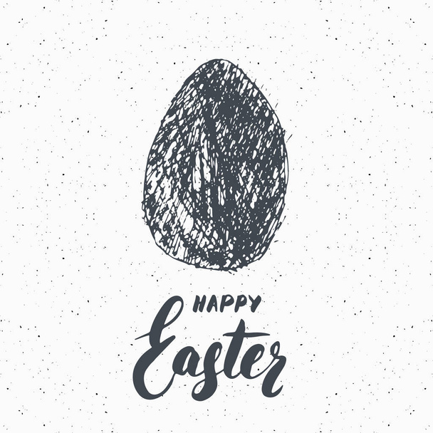 Happy Easter hand drawn greeting card with lettering and sketched grunge egg label. Retro vintage holiday vector illustration - ベクター画像