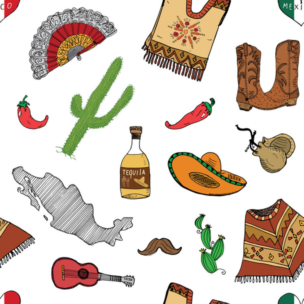 Mexico naadloze patroon doodle elementen, Hand getrokken schets Mexicaanse traditionele sombrero hoed, laarzen, poncho, cactus en tequila fles, kaart van mexico, muziekinstrumenten. vector afbeelding achtergrond. - Vector, afbeelding
