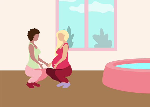 Childbirth with doula banner in a modern cartoon style. Pregnant woman with assistant in light room with bath. Vector illustration - Vector, Image