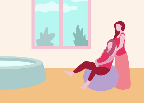 Accouchement avec bannière en doula dans un style de dessin animé moderne. Femme enceinte avec assistante dans une pièce lumineuse avec bain. Illustration vectorielle
 - Vecteur, image