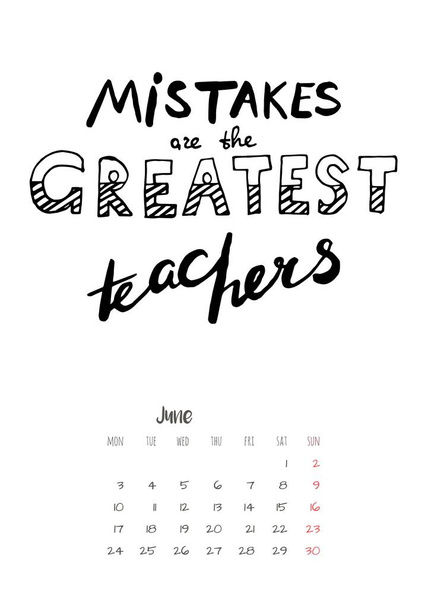 Ημερολόγιο 2019 με παρακινητικές γράμματα - τα λάθη είναι μεγαλύτερους δασκάλους. Για εκτύπωση, διακόσμηση και δημιουργικού σχεδιασμού. Εικονογράφηση διάνυσμα.  - Διάνυσμα, εικόνα