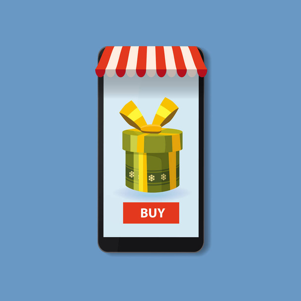 Mobile Online Store concept. Smartphone, Holiday green gift box. Vector illustration business design. Electronic online shop market. Digital marketing. Poster, baner, template - Vector, Image
