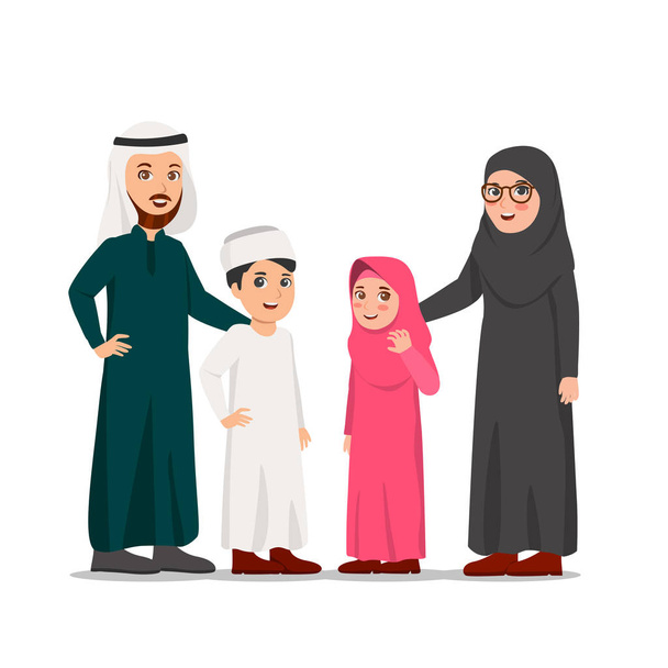 Ευτυχισμένη οικογένεια στην Μέση Ανατολή, ο πατέρας, μητέρα και τους παιδιά διάνυσμα καρτούν εικονογράφηση - Διάνυσμα, εικόνα