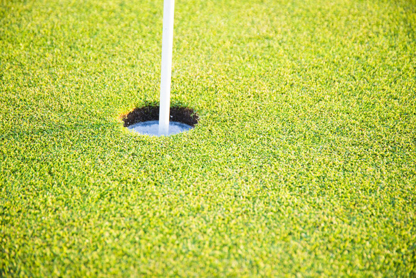 Otwór golfowy i flaga z zieloną trawą - Zdjęcie, obraz