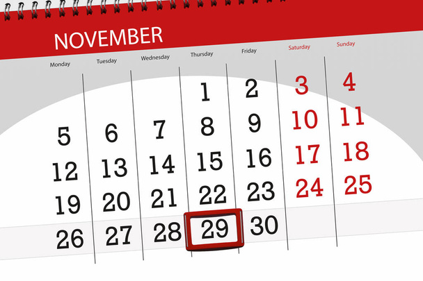 Kalender planner voor de maand, de dag van de termijn van de week november 2018, 29, donderdag - Foto, afbeelding