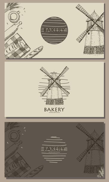 Vector illustration. Bakery card design. Windmill, wheat, bread. Design elements. - Вектор,изображение