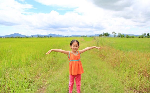 Улыбающаяся маленькая азиатская девочка протягивает руки и расслабляется на молодых зеленых рисовых полях с горным и облачным небом
. - Фото, изображение