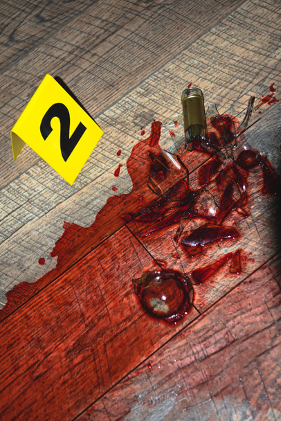 blood at fresh crime scene with evidence marker - Photo, Image