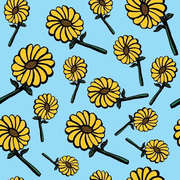 Seamless hand drawn sun flowers pattern background. Cute floral trendy vector illustration. - Vetor, Imagem
