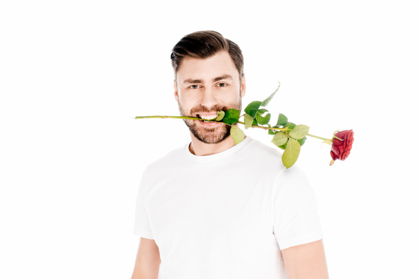Όμορφος άνδρας που κατέχουν κόκκινο τριαντάφυλλο στο στόμα που απομονώνονται σε λευκό - Φωτογραφία, εικόνα