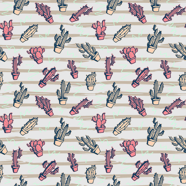 Exotic hand drawn cactus pattern with punchy pastel colorful seamless background. - Vector, Image