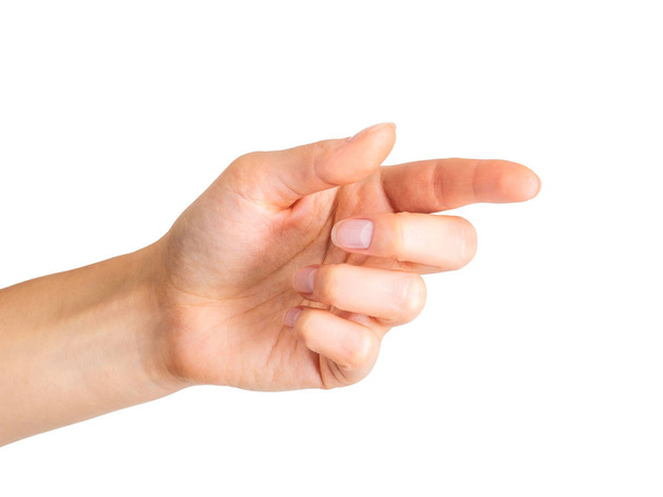 Mão de mulher com o dedo indicador mostrando direção
 - Foto, Imagem