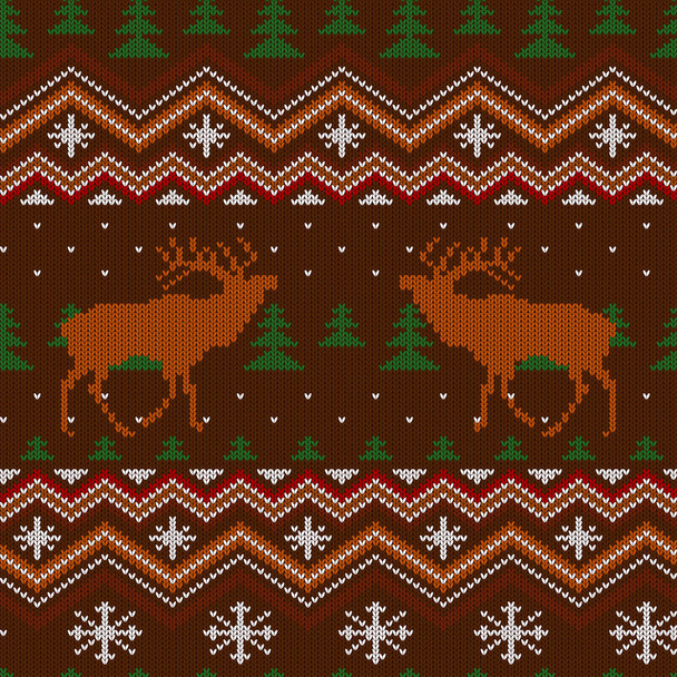 Winter-Strickmuster aus Wolle mit Rothirsch und Weihnachtsbäumen - Vektor, Bild