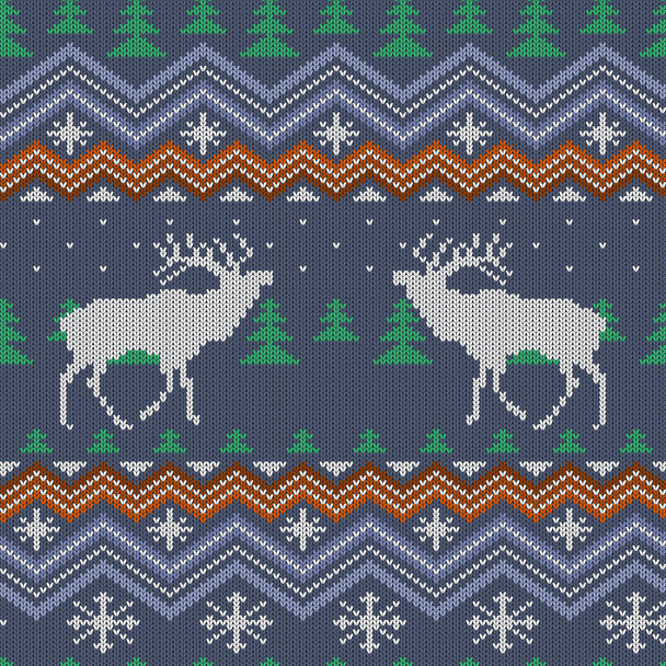 Winter knitted woolen seamless pattern with reindeer and Christmas trees - Vector, Image
