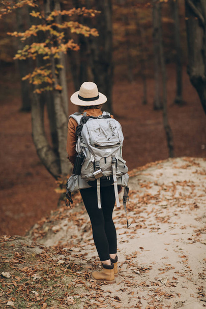 Young woman in a stylish hat and travel bag on her shoulders, looking around at the charming autumn forest - Fotoğraf, Görsel