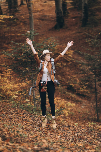 Girl with raised hands relaxing on top of the mountain, looking at beautiful autumn landscape - Фото, изображение