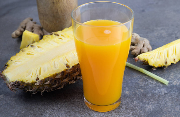 still life photo of pineapple juice, pineapple smoothie in glass - Zdjęcie, obraz
