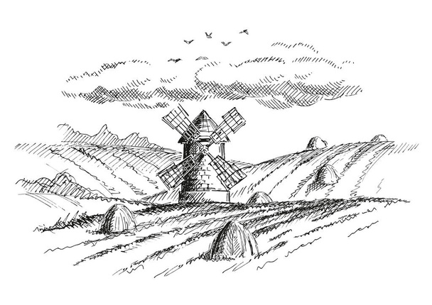 ländliche Landschaft mit Mühle. Version - Vektor, Bild