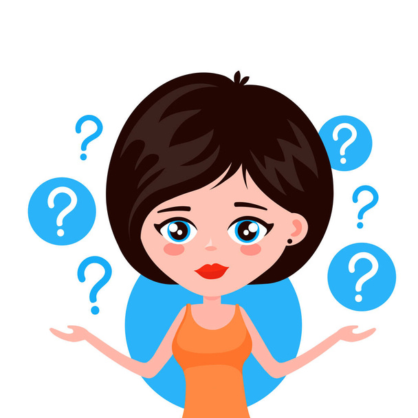 Young woman thinking standing under question - Vector, Image