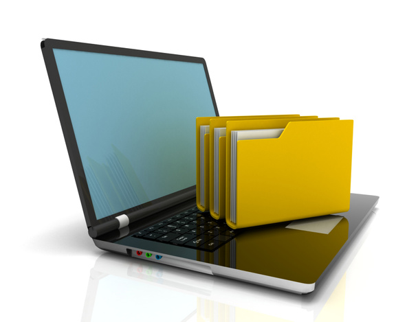 laptop and folders. search of data. 3d illustration - Photo, image