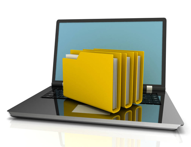 laptop and folders. search of data. 3d illustration - 写真・画像