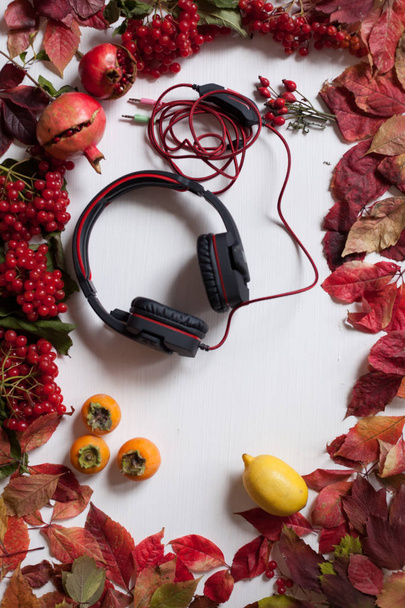 Muzyka Słuchawki czerwone i żółte liście owoce - Zdjęcie, obraz