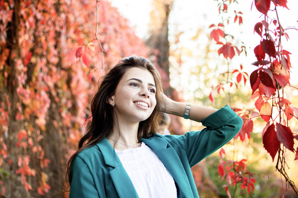 Mladá krásná brunetka na pozadí podzimní listy - Fotografie, Obrázek