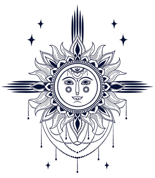 Poster with boho style sun with face and jewels, vector illustration - Διάνυσμα, εικόνα