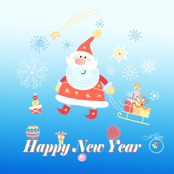 Světlé slavnostní veselé Vánoční blahopřání s Santa Claus na modrém podkladu s sněhové vločky - Vektor, obrázek