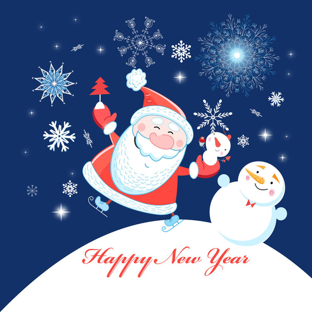 Világos ünnepi boldog karácsonyt üdvözlőlap Mikulás hópelyhek kék háttérrel - Vektor, kép
