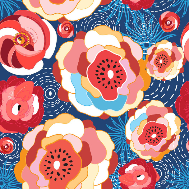 Seamless vector bright multicolored super flowers pattern on a dark background. An example for the design of booklets, business cards and wallpapers - ベクター画像