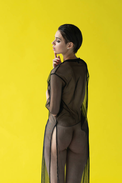 young beautiful girl posing nude in the studio, standing in a black transparent dress - Foto, Bild
