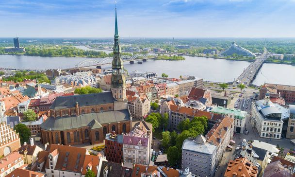 Top view on the old town with beautiful colorful buildings and streets in Riga city, Latvia, bird eye view - 写真・画像