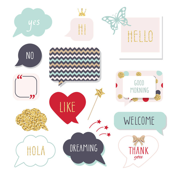 Cute speech bubbles with hand written words. Girly stickers set in bright colors with gold glitter. Thank You, Good Morning, Welcome and Hello lettering. - Vecteur, image