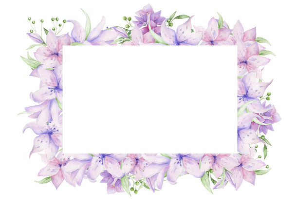 Floral frame with pink roses and decorative leaves. Watercolor Invitation design horizontal. Background to save the date.Greeting cards with pink flowers. - Φωτογραφία, εικόνα