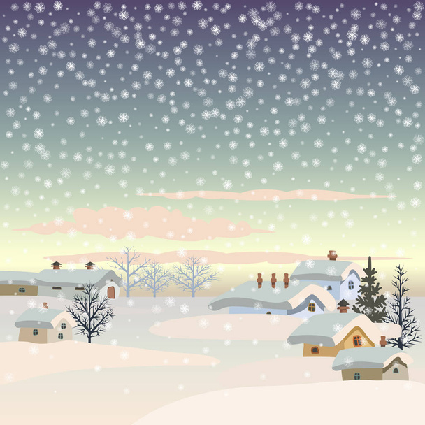 Paysage hivernal. Un petit village au coucher du soleil. Illustration vectorielle
. - Vecteur, image