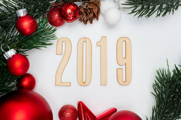 View of a 2019 new year composition with christmas holidays decoration - Fotoğraf, Görsel