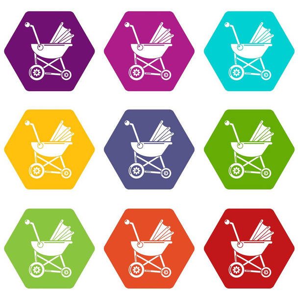 Baby carriage retro icons set 9 vector - Vetor, Imagem