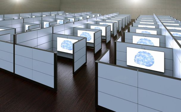 3D renderização de uma imagem conceitual de cubículos de escritório onde os trabalhadores foram substituídos por inteligência artificial
. - Foto, Imagem