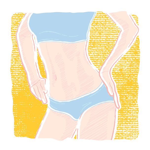 Pastel-colored illustration of a young healthy slim woman body with a flat belly in underwear panties and bra who posing three-quarter with hands on hips. - Vector, Image