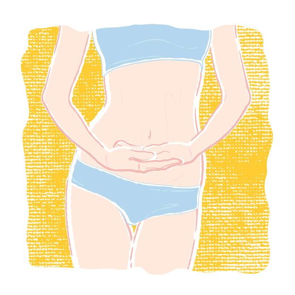 Pastel-colored illustration of a young healthy slim woman body with a flat belly in underwear panties and bra with hands joined below the navel. - Vector, Image