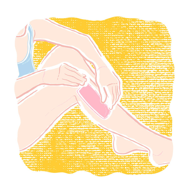 Vektoripolku kuva nuoresta terveestä ohuesta naisesta, joka vahaa jalkojaan käsin kudotulla pyyhkeellä, öljyllä ja vahalla
. - Vektori, kuva